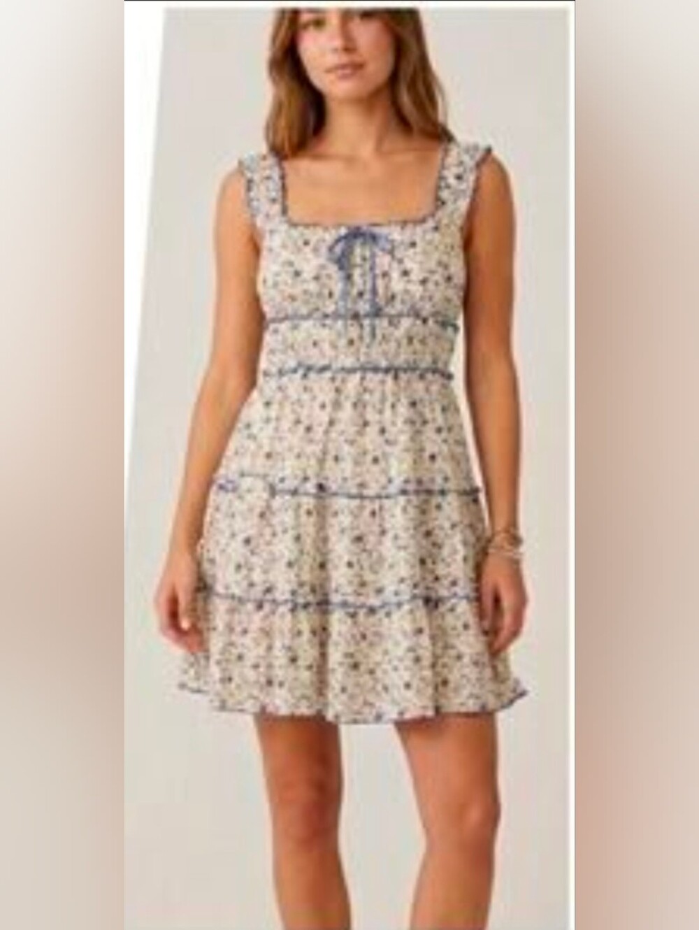 Japna Cream Floral Mini Dress with Blue Accents Size XS
